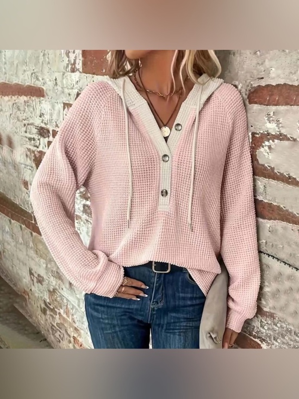 Flamingals Women's Solid Color Hooded Button Loose Color Combination Long Sleeve